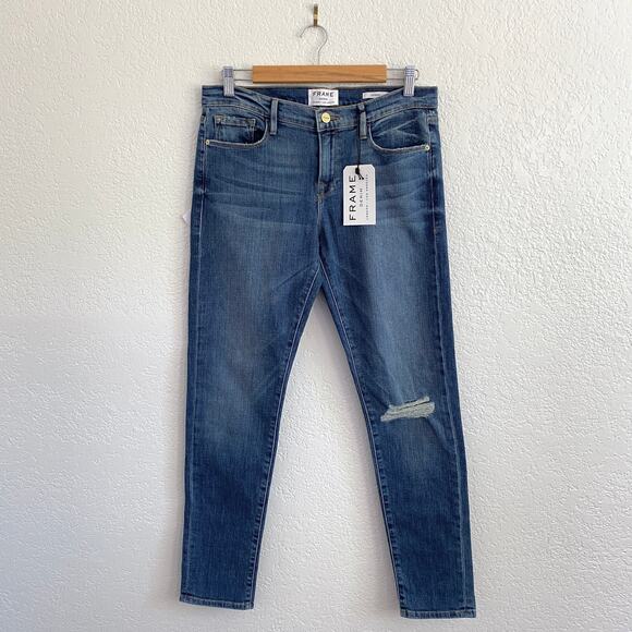 NWT FRAME Le Garcon Boyfriend Jeans Cooper Blue Distressed Denim Mid-Rise Sz 27 - Picture 1 of 12